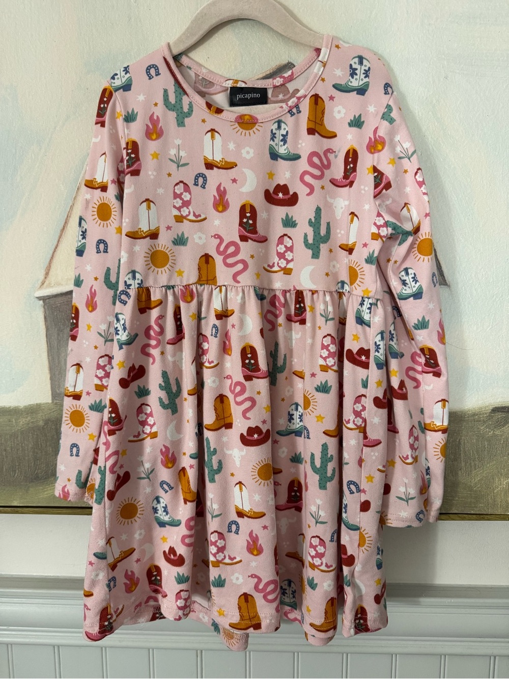 PICAPINO Girls' Pink Western Cowgirl Print Long-Sleeve Soft Dress